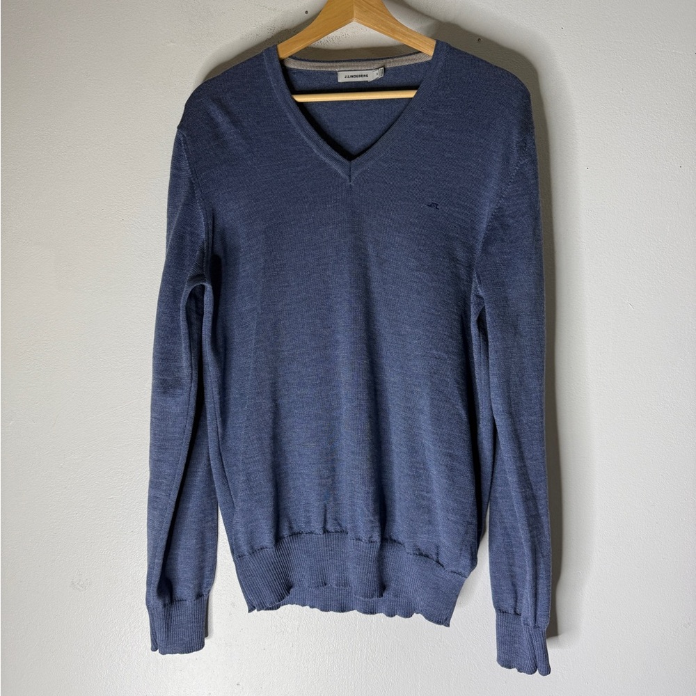 j lindeberg‎ Merino Wool V Neck Sweater Blue Size Medium Preppy